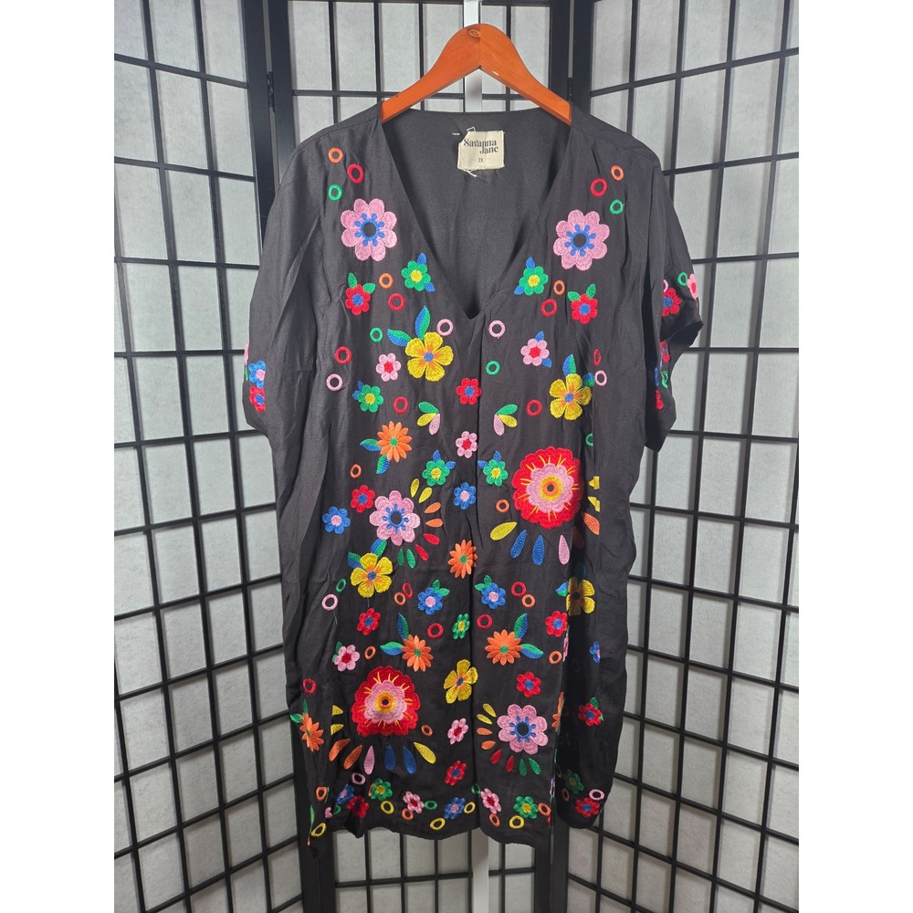 Savanna Jane Floral Embroidered Boho V-Neck Tunic Dress Black 2X